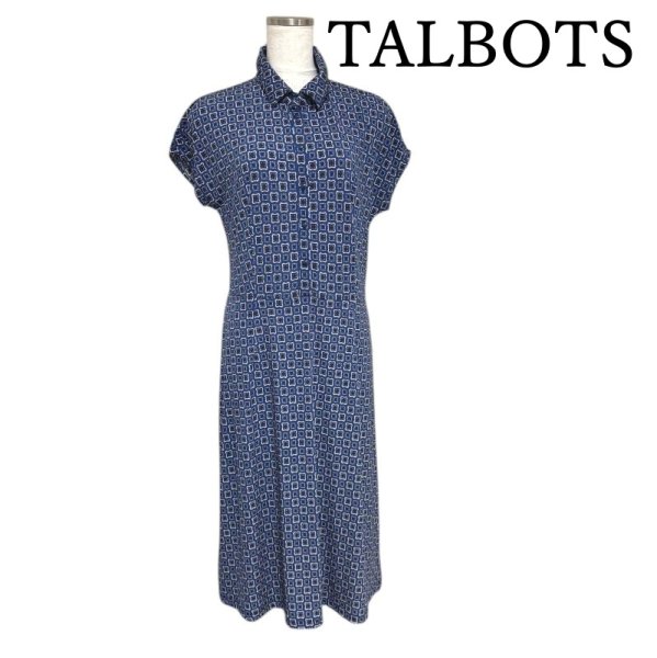 画像1: TALBOTS　タルボット　前ボタン　襟付き　半袖ワンピース　ストレッチ　青　接触冷感　M (1)