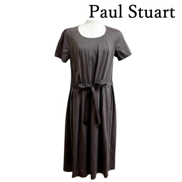 画像1: Paul Stuart(ポールスチュアート) 　半袖ワンピース　ウエストリボン　シルケット　ミモレ丈　ダークブラウン　無地　6 (1)