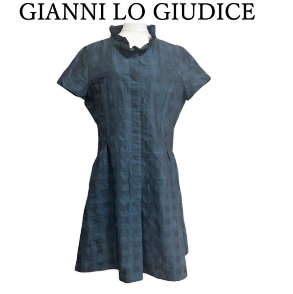 画像1: GIANNI LO GIUDICE（ジャンニ ロ ジュディチェ）タフタワンピース　半袖　膝丈　チェック　前ボタン　スタンドカラー　グリーン　42号　LL (1)