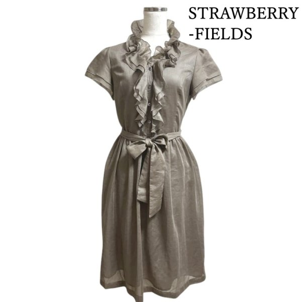 画像1: STRAWBERRY-FIELDS　ストロベリーフィールズ　おでかけワンピース　ウエストリボン　フリル付き　半袖　ブラウン　2　ひざ丈 (1)
