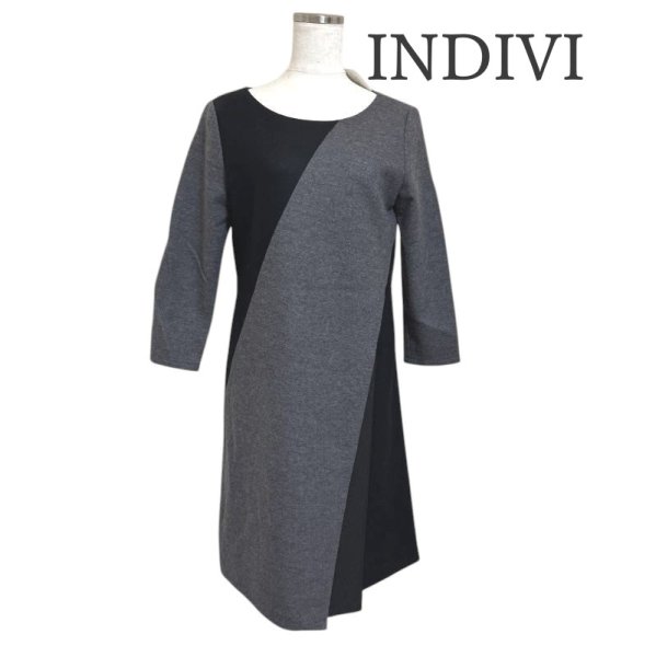 画像1: INDIVI　Aラインワンピース　ウール混　ロングワンピース　グレー　黒　7分袖　M　 (1)