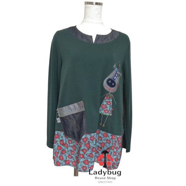 画像1: アルベロベロ　長袖カットソー　Aライン　ロバワッペン　スウェット　デニム　シフォン　切り替え　モスグリーン　チェック　ブラック (1)