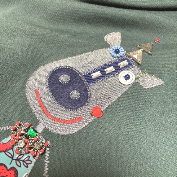 画像7: アルベロベロ　長袖カットソー　Aライン　ロバワッペン　スウェット　デニム　シフォン　切り替え　モスグリーン　チェック　ブラック (7)