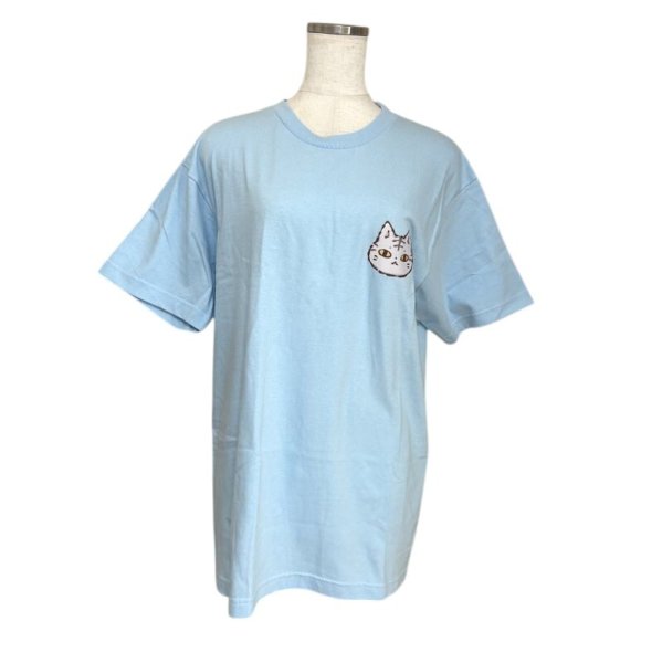 画像1: 猫フェイス　ワンポイント　半袖　Tシャツ　ライトブルー　M　 (1)