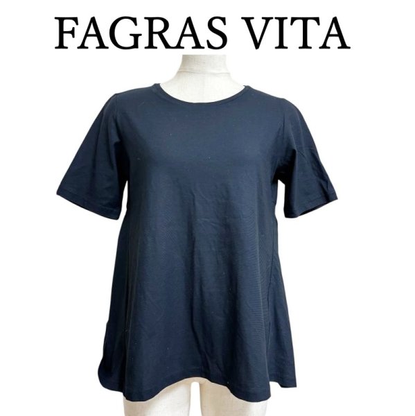画像1: FAGRAS VITA ファグラスヴィータ レディース　カットソー　半袖　Aライン　前上がり　ネイビー　紺　無地　M　日本製 (1)
