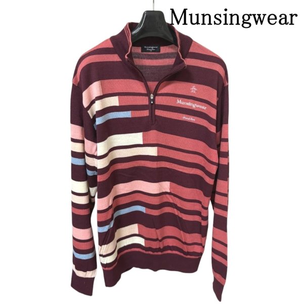 画像1: マンシングウェア　Munsingwear　メンズ　ゴルフウェア　ハーフジップセーター　ピンク　ボーダー　M (1)