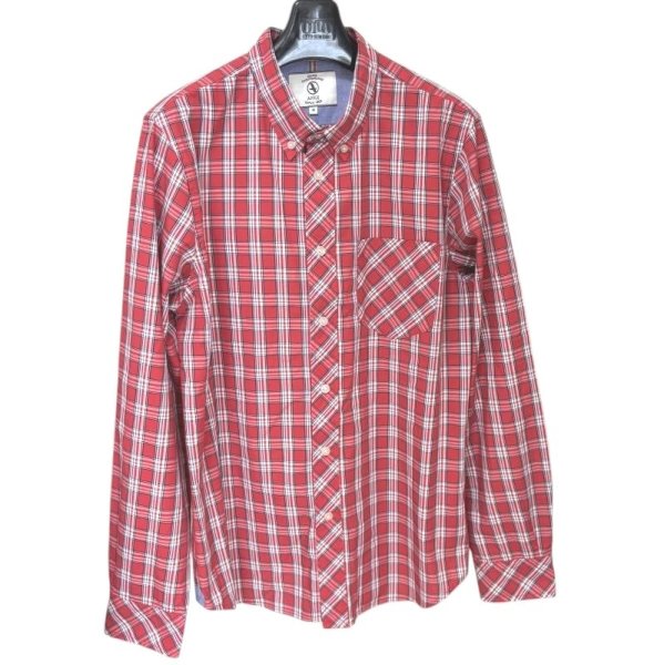 画像1: AIGLE　メンズ　ボタンダウンシャツ　カジュアルシャツ　長袖　レッド　タータンチェック　M　 (1)