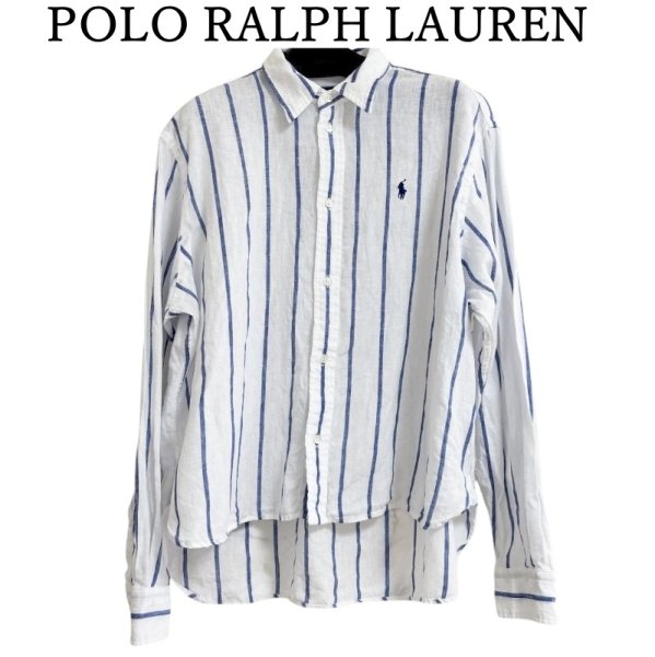 画像1: POLO RALPH LAUREN　ポロラルフローレン　メンズ　リネンシャツ　7分袖　カジュアルシャツ　ホワイト　ストライプ　ブルー　M　 (1)