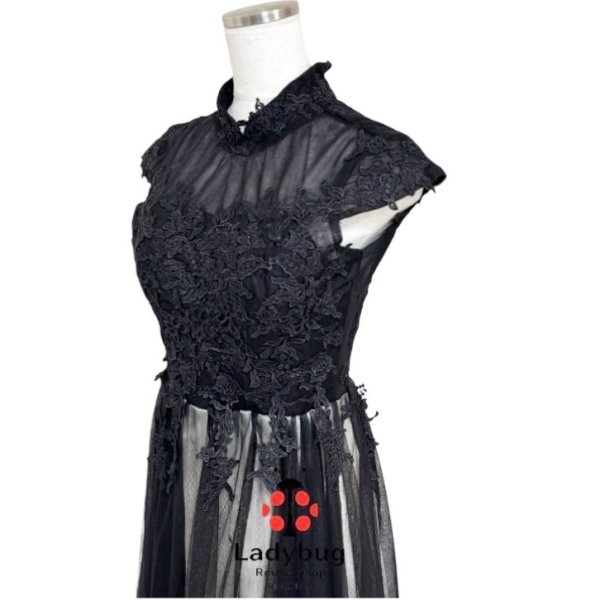 画像3: チャイナ服風　ハイネック　チュールレース　ロングドレス　ブラック　黒　M (3)