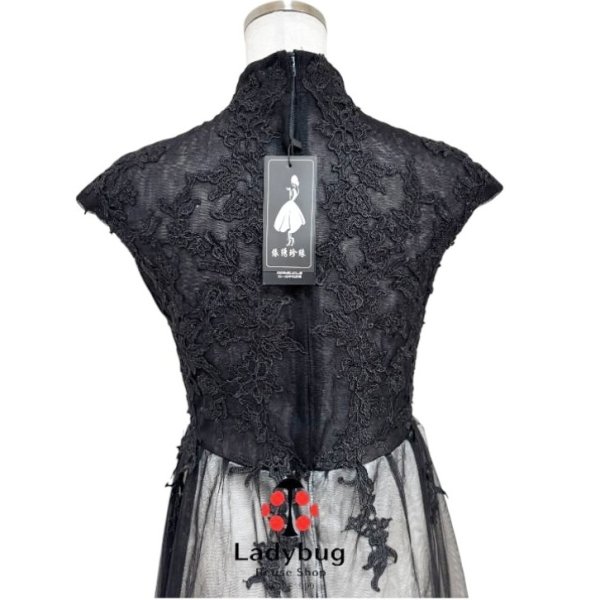 画像5: チャイナ服風　ハイネック　チュールレース　ロングドレス　ブラック　黒　M (5)