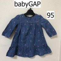 画像1: babyGAP ハート刺繍 長袖 ダンガリーワンピース 95