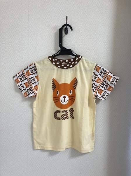 画像1: キッズ 半袖 Tシャツ 猫フェイス ねこ プリント オレンジ 130 (1)