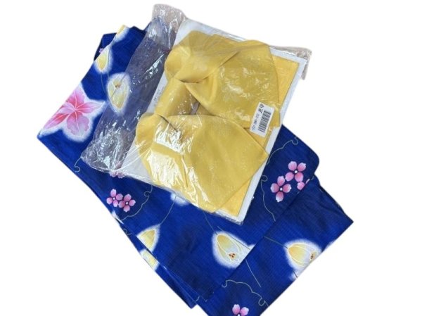 画像1: レディース　浴衣　帯セット　和花　青　日本製　 結び帯 作り帯 結び帯 リボン 桜柄 ゆかた 簡単着付け 　黄　やまぶき　イエロー　からし (1)