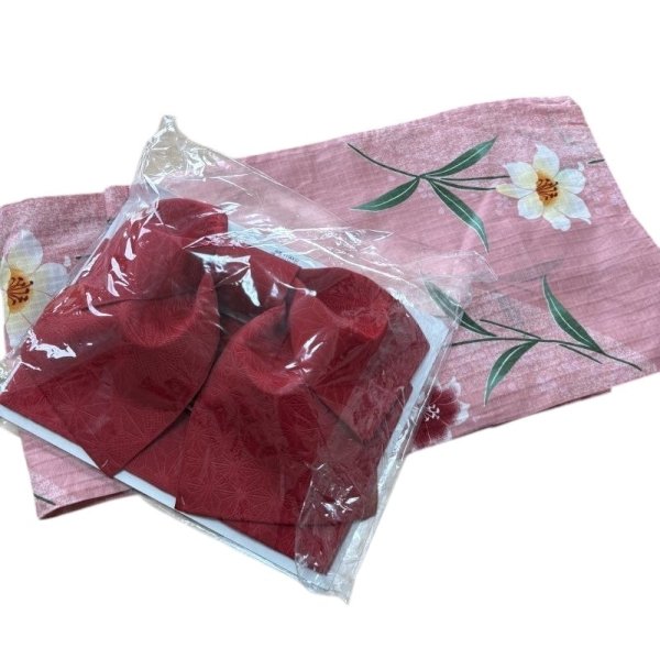 画像1: レディース　浴衣　和花　ピンク　日本製　 結び帯 作り帯 結び帯 リボン 桜柄 ゆかた 簡単着付け 　赤 (1)