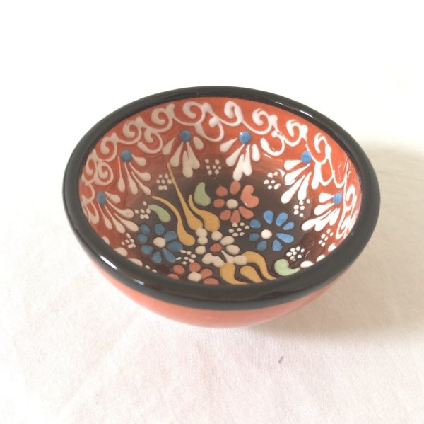 画像1: トルコ手書き陶器 ボウル 直径8cm フラワー オレンジ (1)