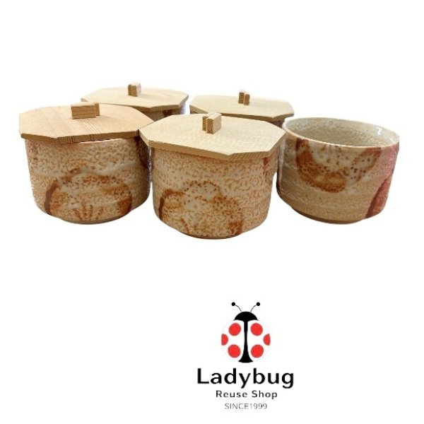 画像1: 志野焼　美濃焼　木蓋付き　炊き込みご飯　飯鉢　4個セット　1個おまけ (1)