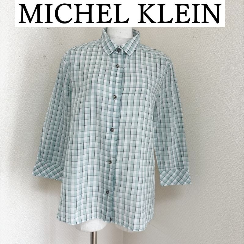 MICHEL KLEIN ( ミッシェルクラン)　レディース　シャツ　長袖　リネンブレンド　チェックシャツ　ライトブルー　レギュラーカラー