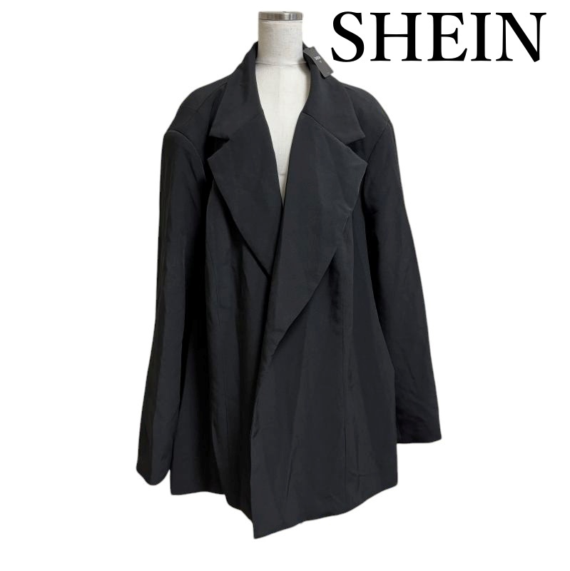 SHEIN　FIT　レディース　大きいサイズ　テーラードジャケット　ブラック　黒無地　 バックベルト付き　34