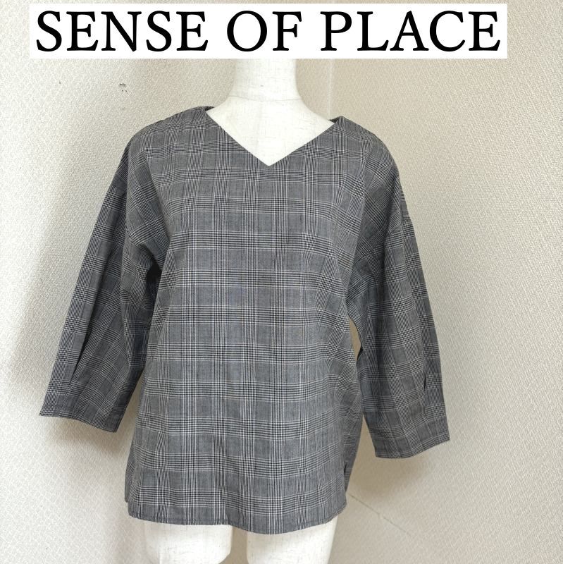 SENSE OF PLACE　チェックブラウス　7分袖　前後Vネック　グレンチェック